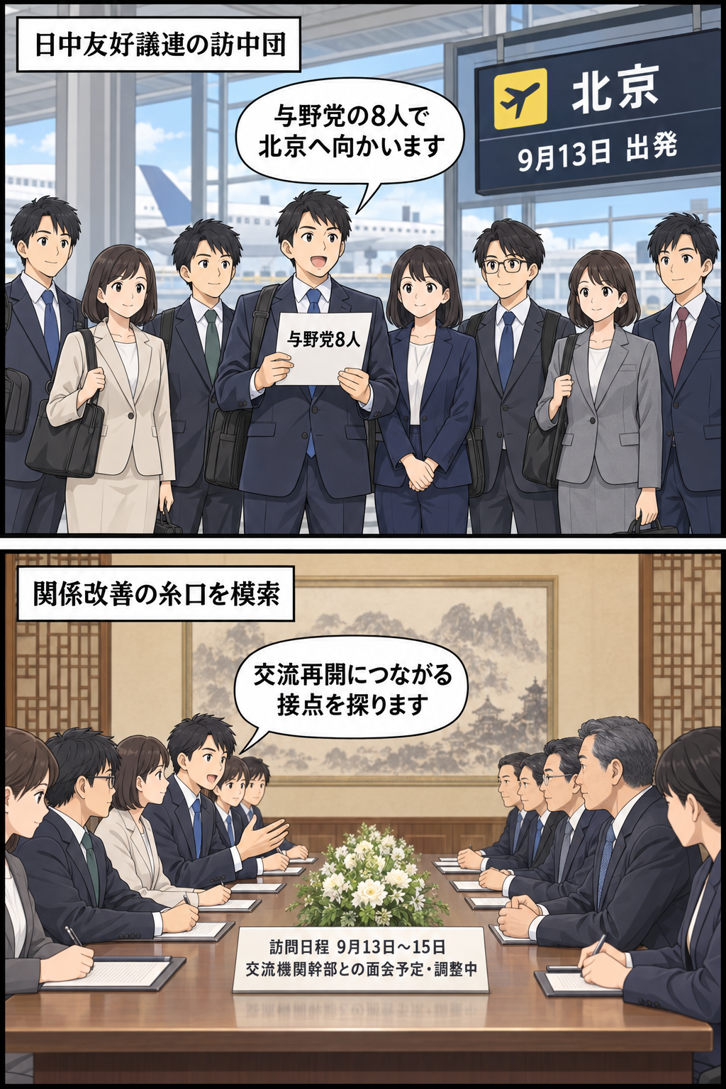 超党派の若手議員8人が9月13日に北京へ出発し、15日までの訪問中に国際交流機関の幹部との面会を予定している様子を描いた中立的な2コマ漫画。