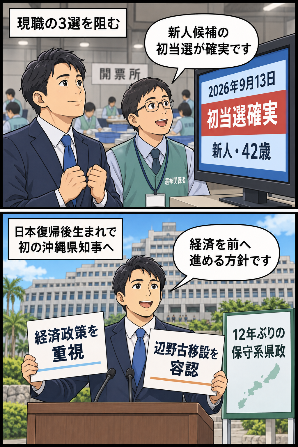 沖縄県知事選で新人候補の初当選が確実となり、経済政策と辺野古移設容認を掲げる保守系県政へ12年ぶりに交代する見通しを中立的に描いた2コマ漫画。