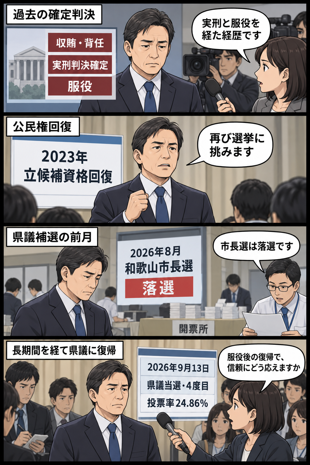 過去に実刑判決を受け服役した男性の元政治家風キャラが、立候補資格の回復、市長選落選を経て県議補選で当選し、記者から政治姿勢を問われるまでを描いた4コマ漫画。