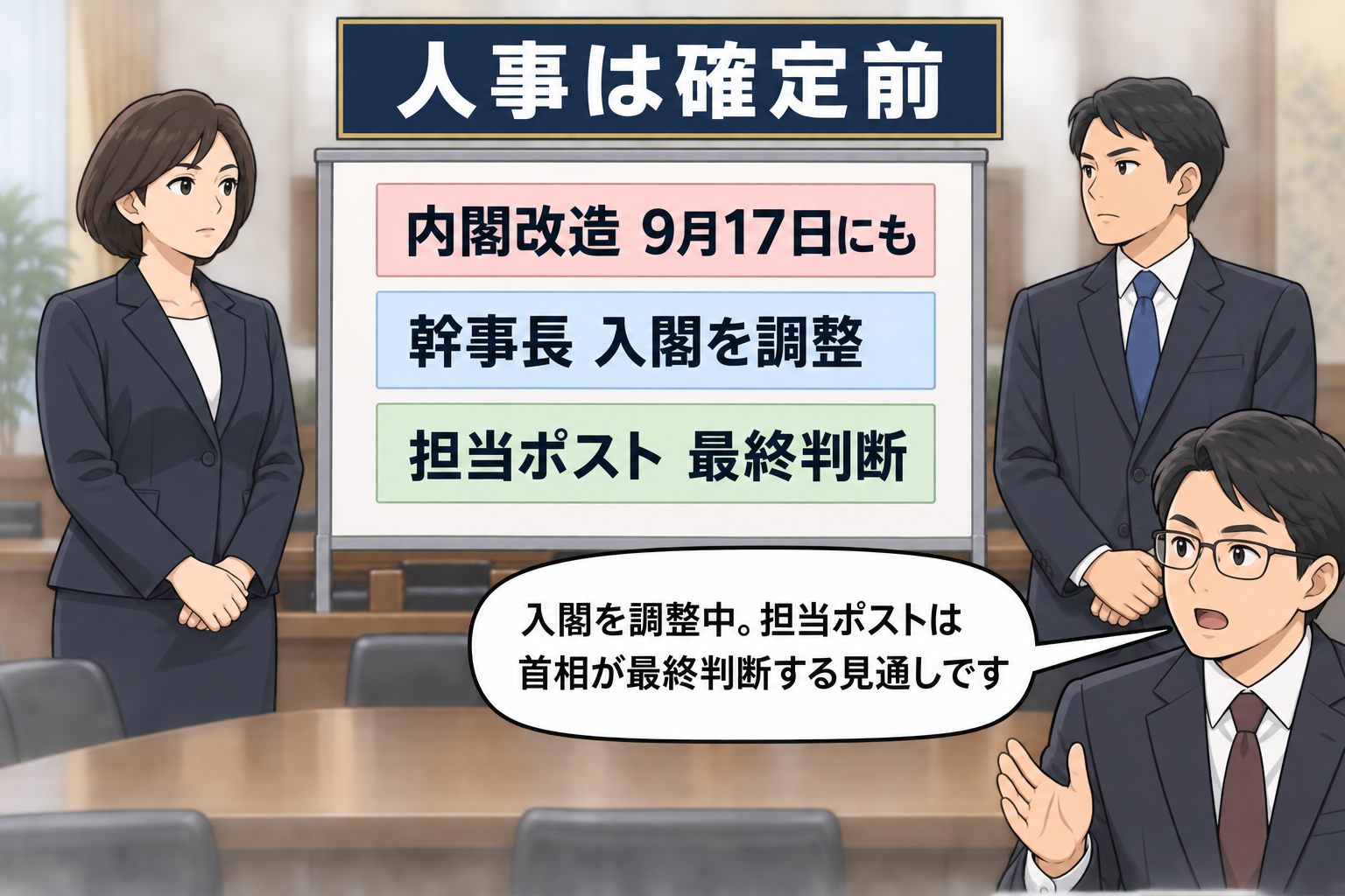 内閣改造の予定表を前に、スーツ姿の女性の首相風キャラが、男性の幹事長風キャラの入閣と担当ポストを検討している中立的な一コマ。