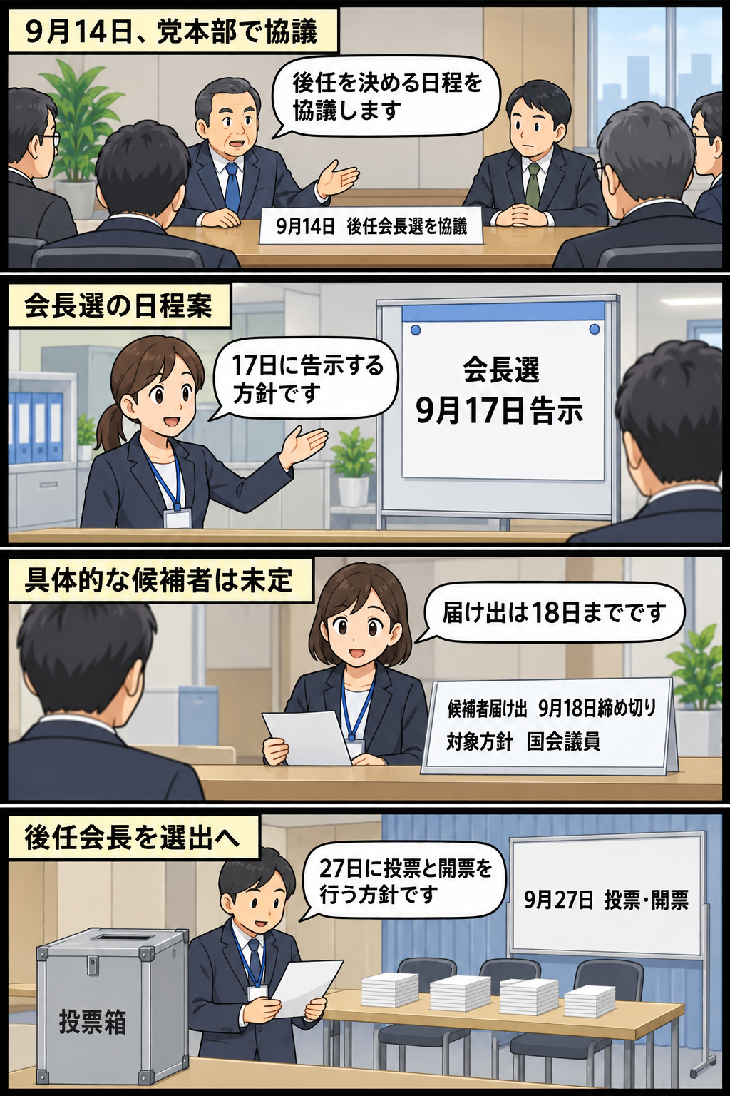 自民党福岡県連の後任会長選について、9月14日の党本部での協議、17日の告示、18日の届け出締め切り、27日の投開票という日程を中立的に示す4コマ漫画。