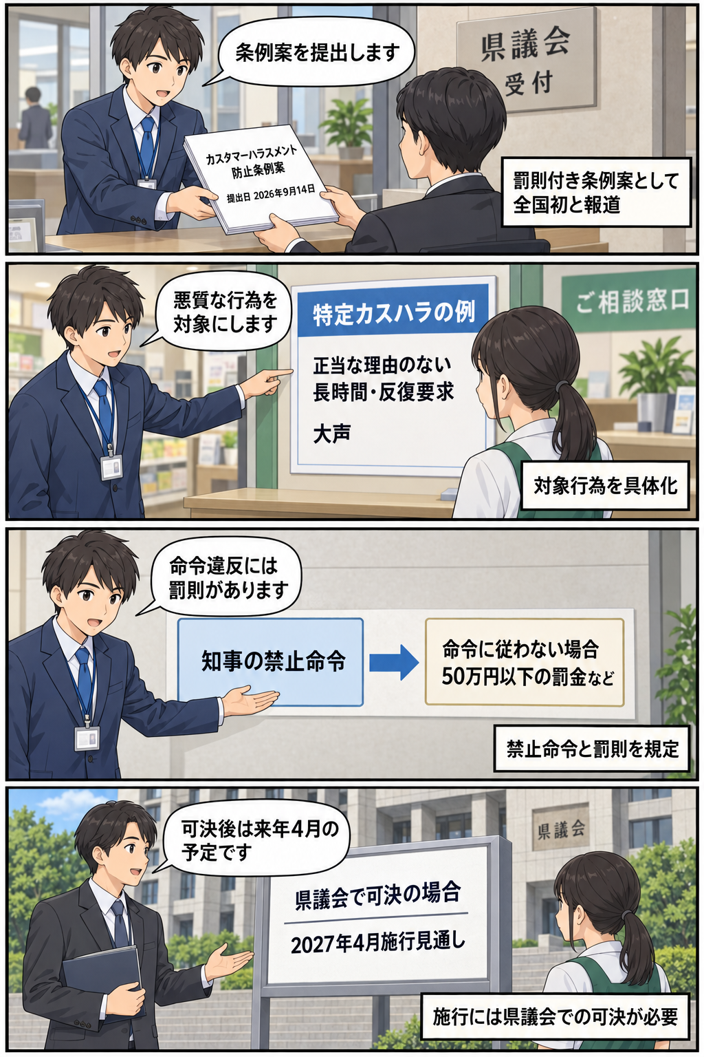 三重県による条例案の提出から、特定カスハラの例、知事の禁止命令と罰則、可決時の施行予定までを中立的に描く4コマ漫画。