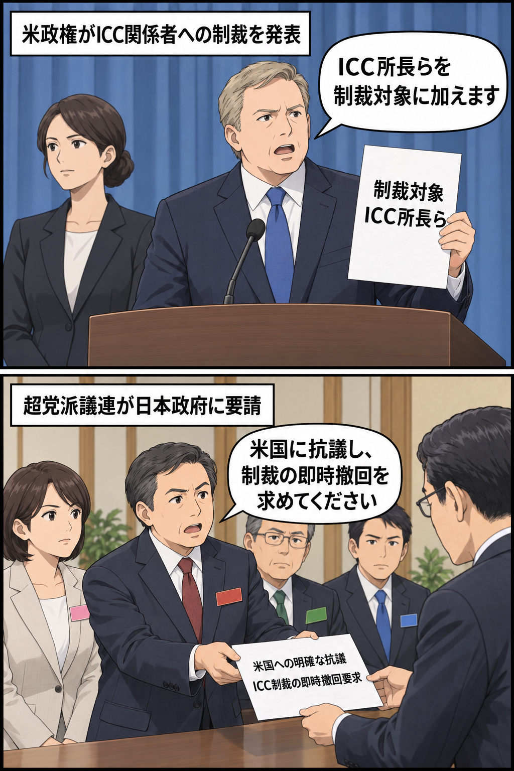 米政権によるICC所長らへの制裁と、超党派議連が日本政府に抗議および撤回要求を求める流れを描いた2コマ漫画。
