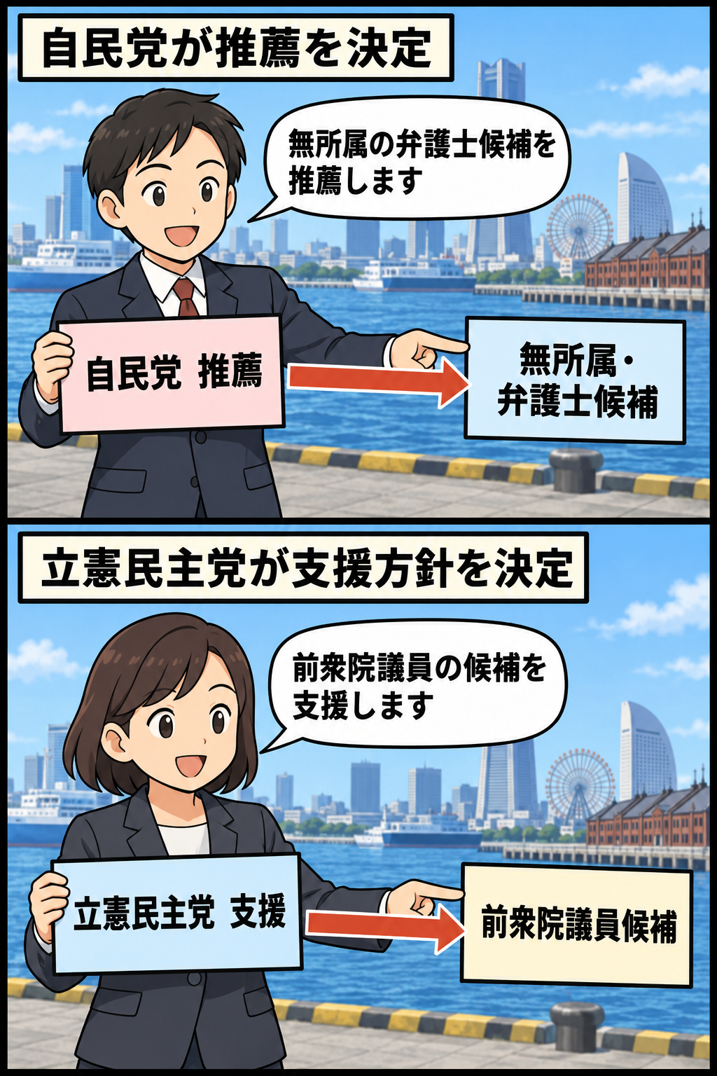 横浜市長選に向け、自民党側が無所属の弁護士候補を推薦し、立憲民主党側が前衆院議員候補を支援する構図を伝える2コマ漫画。