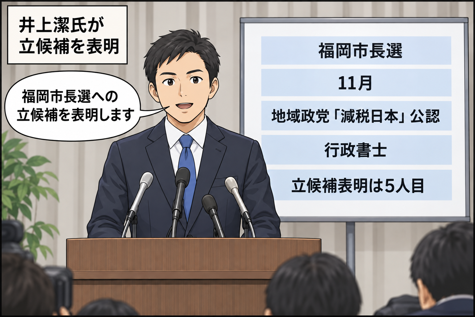 福岡市長選への立候補を表明するスーツ姿の男性候補者風キャラと、経歴や公認政党、5人目の表明であることを示す会見ボード。