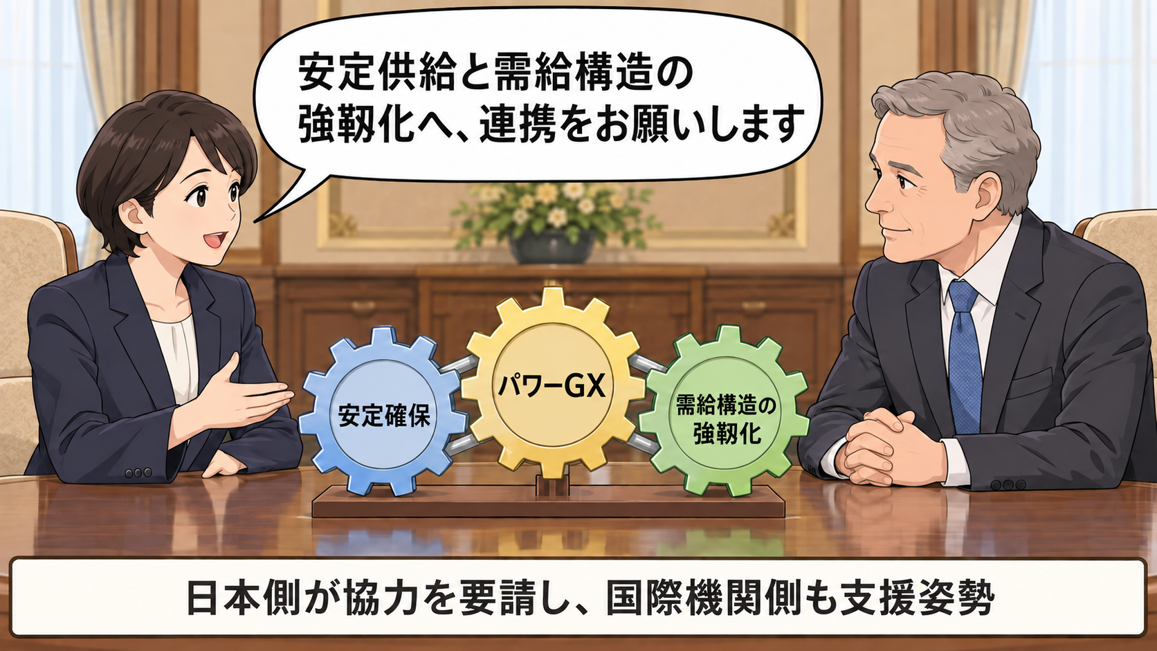 官邸風の会談室で、スーツ姿の女性の首相風キャラが国際エネルギー機関の代表風キャラに、エネルギーの安定確保と世界的な需給構造の強靱化への協力を求め、代表が支援姿勢を示している。