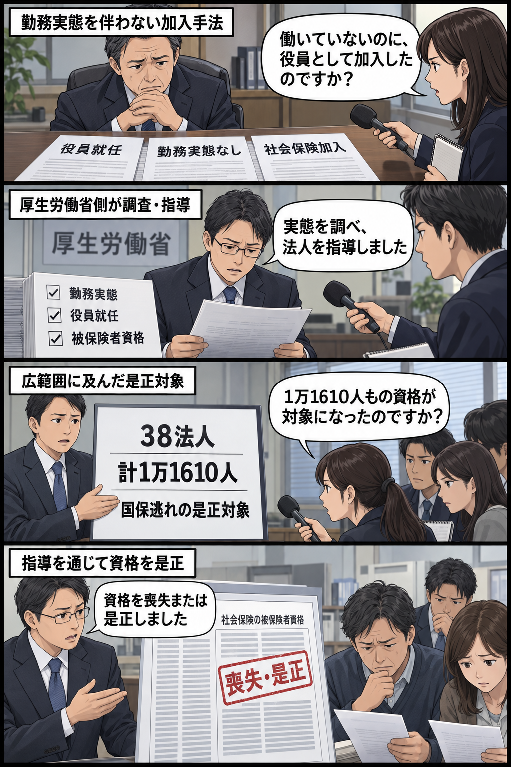 勤務実態のない役員就任による社会保険加入について、記者が具体的に問いただし、厚生労働省側の調査・指導を経て、38法人の1万1610人の資格が是正される流れを描いた4コマ漫画。