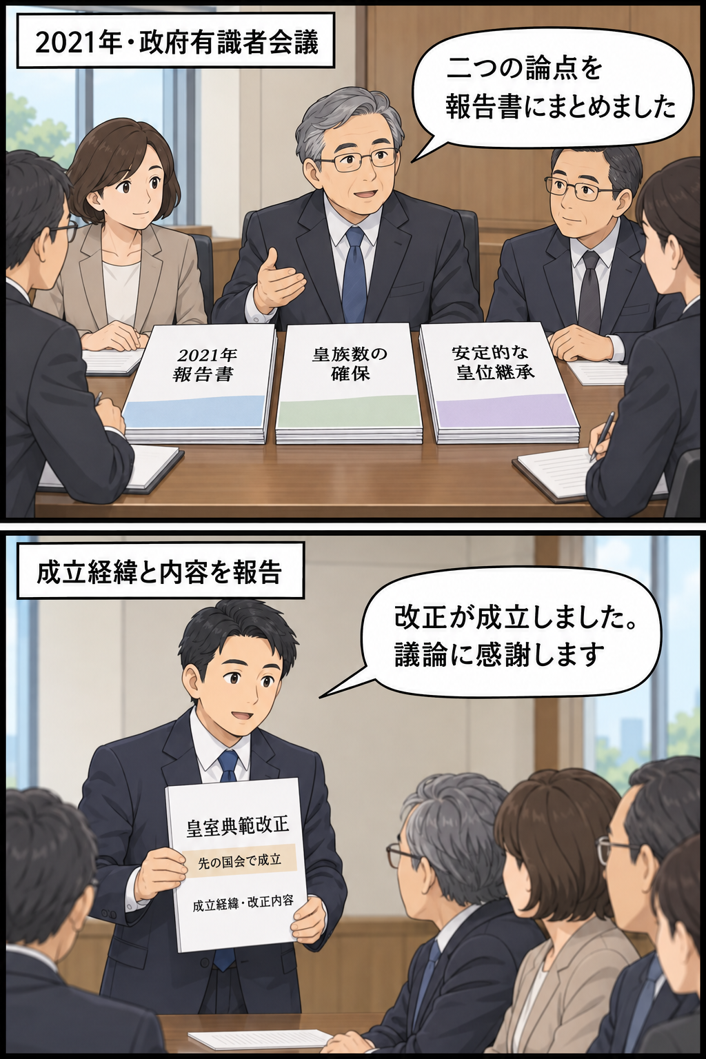 2021年に有識者会議が皇族数確保と安定的な皇位継承について報告書をまとめ、2026年9月14日に男性の官房長官風キャラが改正の成立経緯と内容を説明して謝意を伝える二コマ漫画。