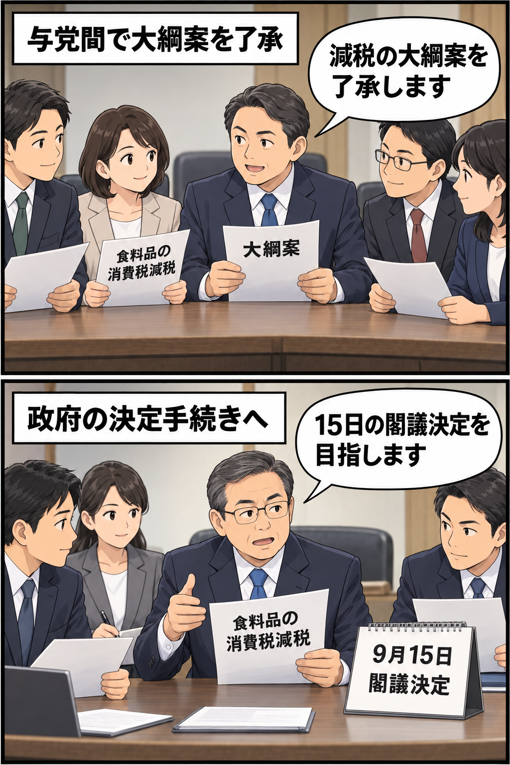 政党間で食料品の消費税減税を盛り込んだ大綱案が了承され、政府が9月15日の閣議決定を目指す流れを中立的に描いた2コマ漫画。