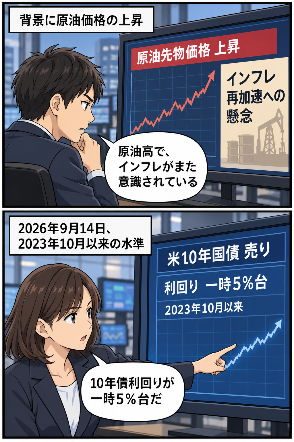 原油価格の上昇を示す画面を市場関係者が確認し、続いて米10年国債が売られて利回りが一時5％台へ上昇したことを伝える2コマ漫画。