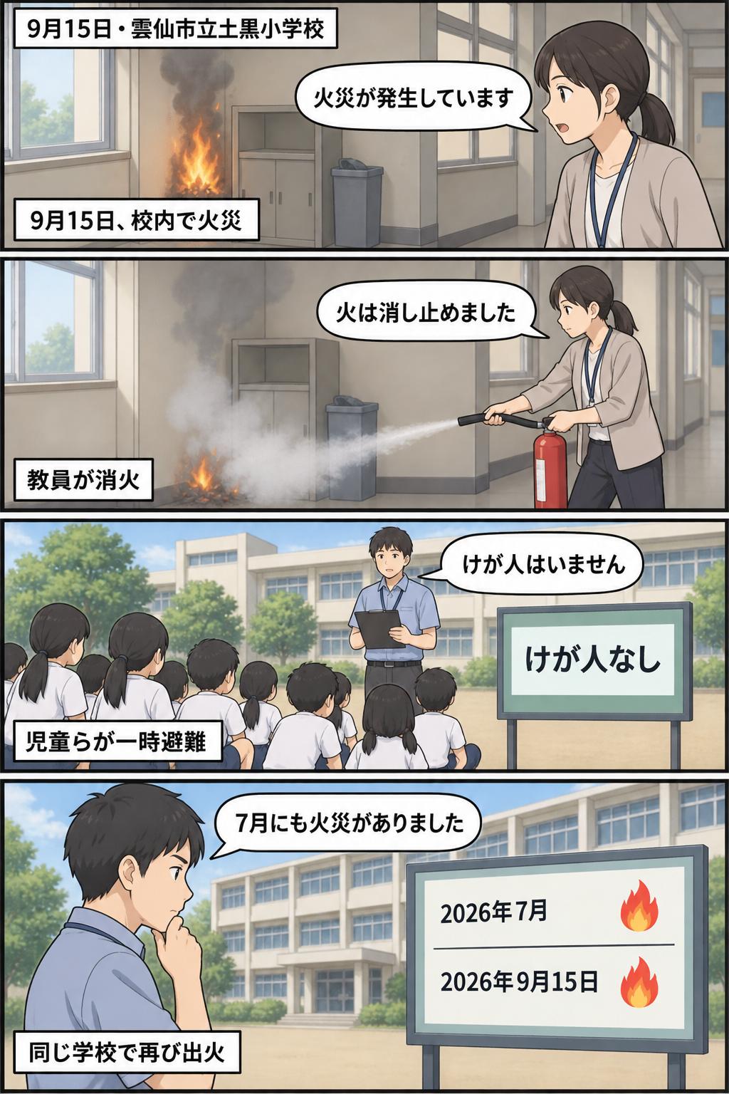 雲仙市立土黒小学校で火災が発生し、教員による消火と児童らの一時避難を経て、けが人がいなかったこと、同校では7月にも火災があったことを伝える4コマ漫画。