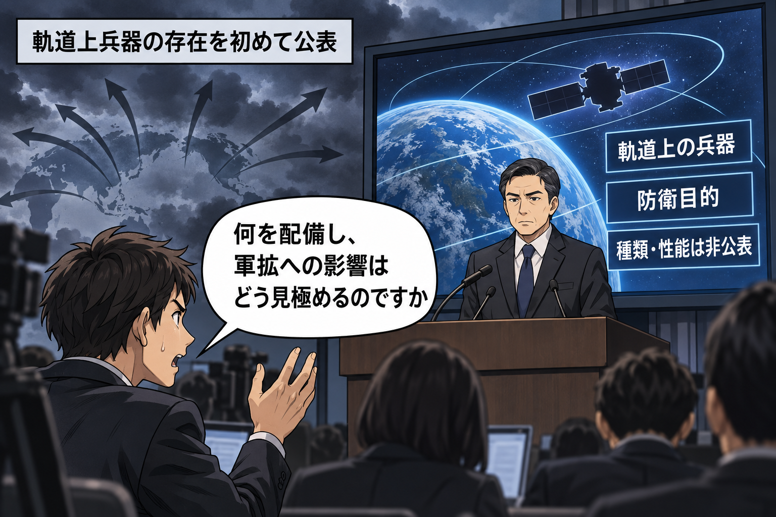 軌道を示す背景の前で、男性の空軍長官風キャラが兵器配備を公表し、記者が種類や性能、軍拡への影響を慎重に問いかける一コマ漫画。
