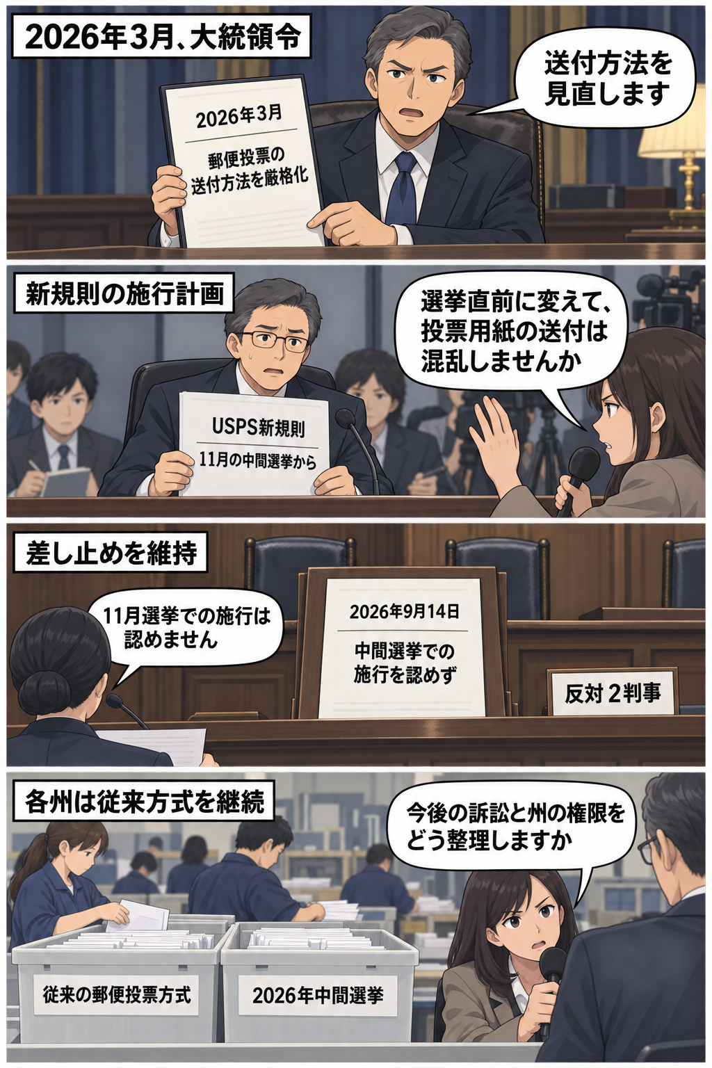 郵便投票の厳格化を目指す大統領令と郵政機関の新規則に対し、記者が具体的な影響を問い、最高裁が中間選挙での施行を認めず、各州が従来方式を続けるまでを描いた4コマ漫画。