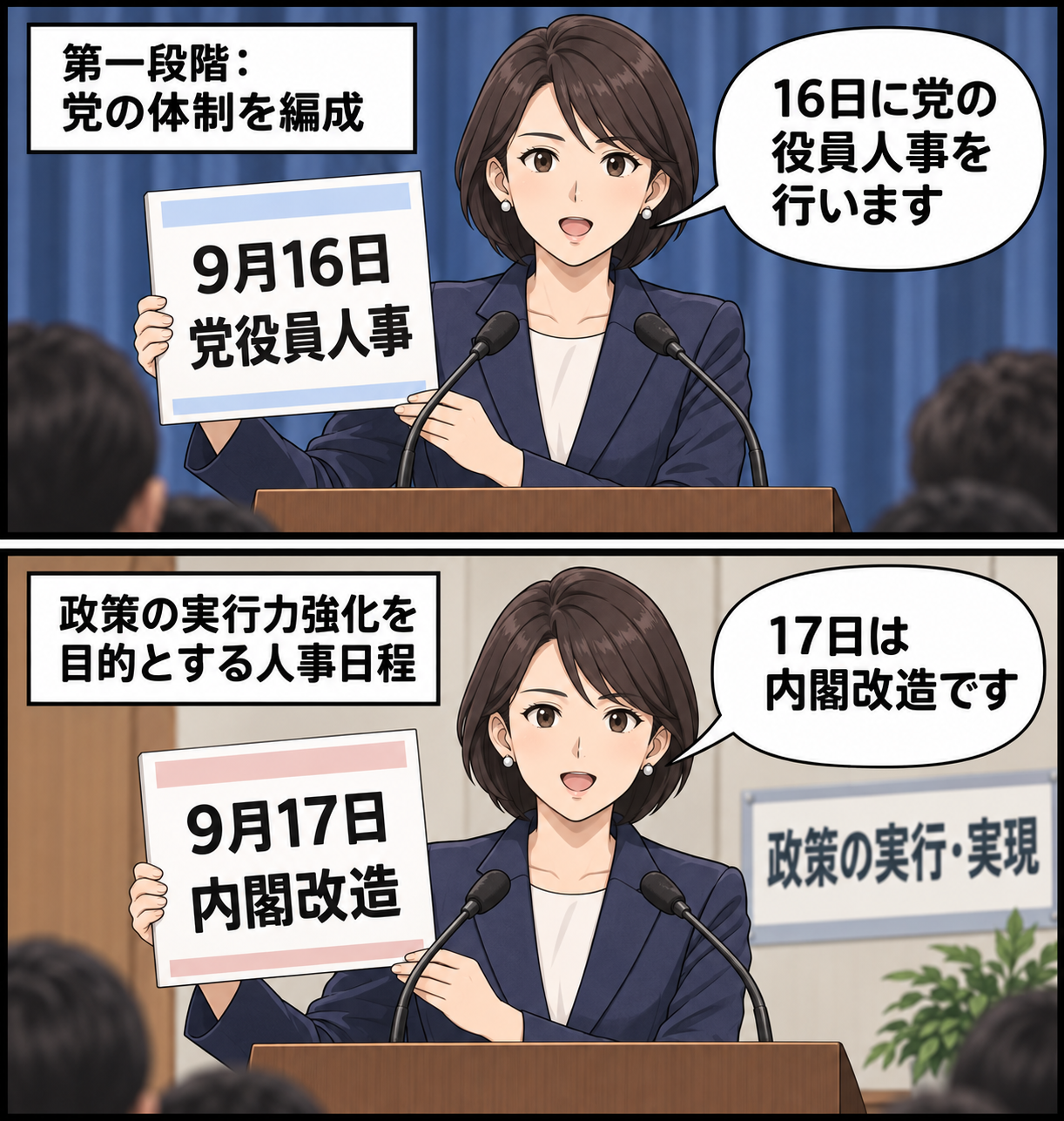 スーツ姿の女性の首相風キャラが、政策実行力の強化を目的に、9月16日の党役員人事と17日の内閣改造を進める日程を示す中立的な2コマ漫画。