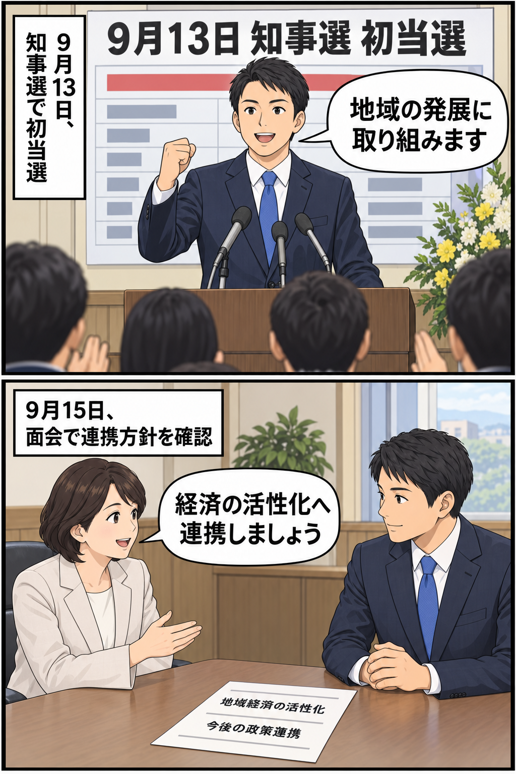 知事選で初当選したスーツ姿の男性の知事風キャラが、後日、政党本部でスーツ姿の女性の首相風キャラと面会し、地域経済の活性化と政策連携を確認する2コマ漫画。