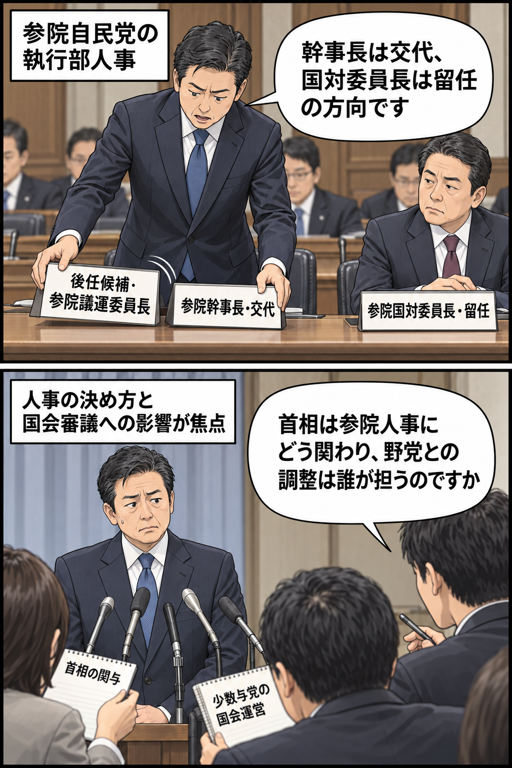 参院自民党の幹事長交代と国対委員長留任の人事案を示した後、記者が首相の関与と少数与党下の国会運営への影響を具体的に問いただす2コマ漫画。