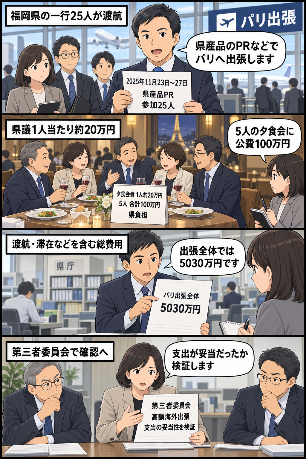 福岡県の一行によるパリ出張から、県議5人の夕食会費100万円、出張全体の費用5030万円、第三者委員会による検証予定までを中立的に描いた4コマ漫画。