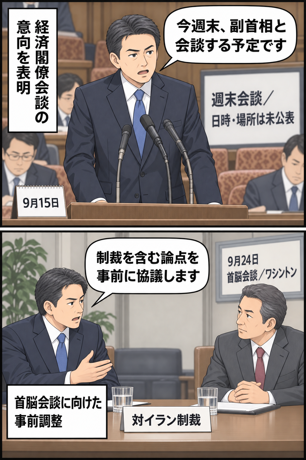 男性の財務相風キャラが議会で週末会談の意向を表明し、続いて男性の経済閣僚風キャラ2人が対イラン制裁を議題に協議する予定を示す中立的な2コマ漫画。