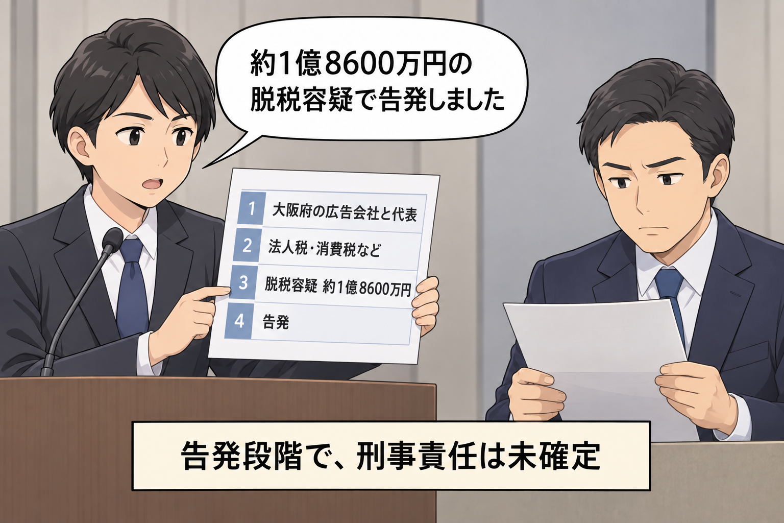 東京国税局の担当者が、大阪府の広告会社と代表に対する約1億8600万円の脱税容疑での告発を説明し、会社代表が告発内容を確認している中立的な一コマ。