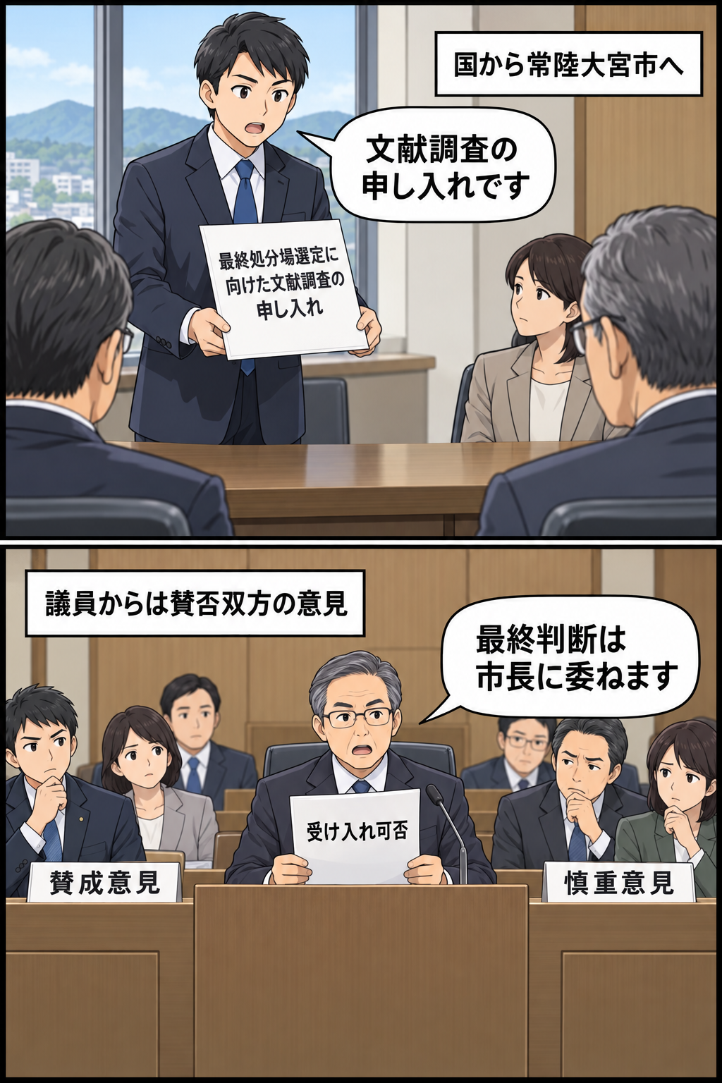 国から常陸大宮市への文献調査の申し入れと、市議会で賛否の意見が出た後、受け入れ可否の判断が市長に委ねられた流れを描く2コマ漫画。