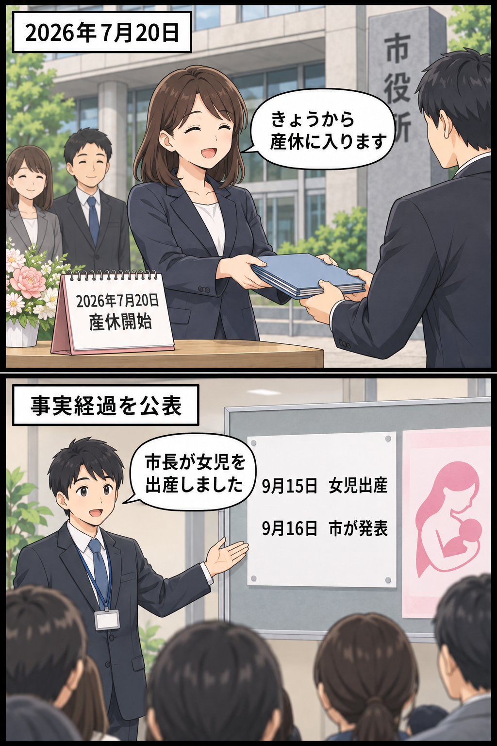 京都府内の市役所を背景に、女性市長風キャラの産休開始と女児出産の発表を時系列で淡々と示す2コマ漫画。
