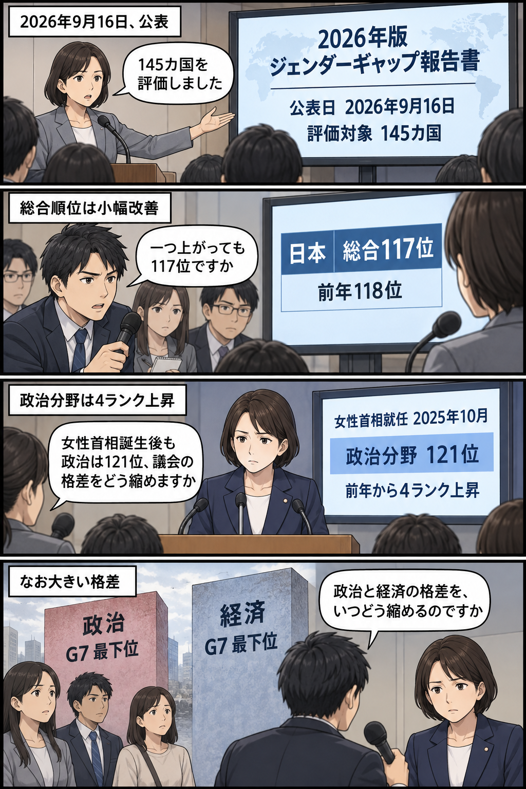 国際調査機関の報告書公表から、日本の総合117位、女性首相就任後も政治分野121位、政治・経済格差への厳しい問いまでを描く4コマ漫画。