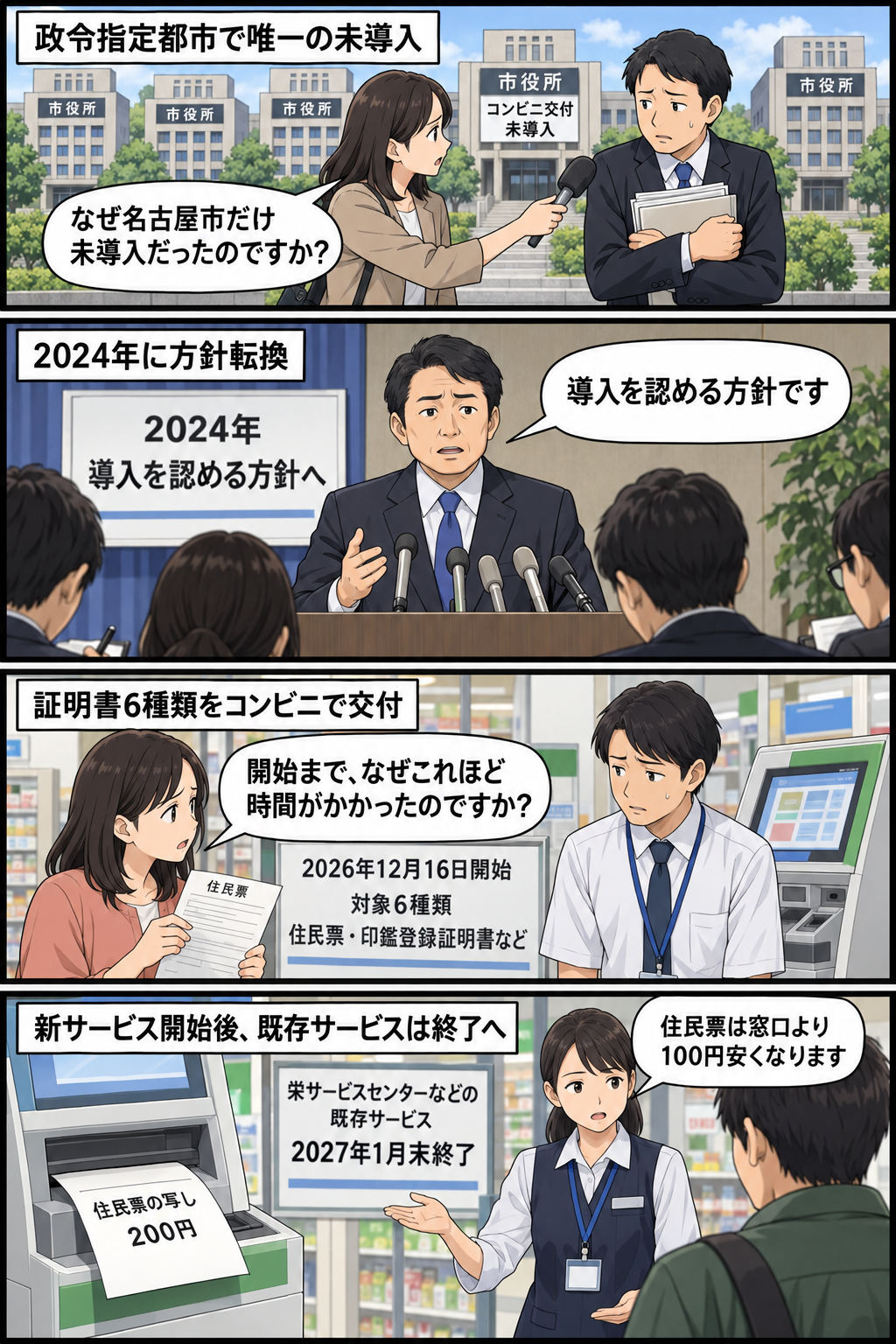 名古屋市だけコンビニ交付が未導入だった経緯から、2024年の方針転換、2026年12月16日のサービス開始、2027年1月末の既存サービス終了までを、批判的な問いかけを交えて描く4コマ漫画。