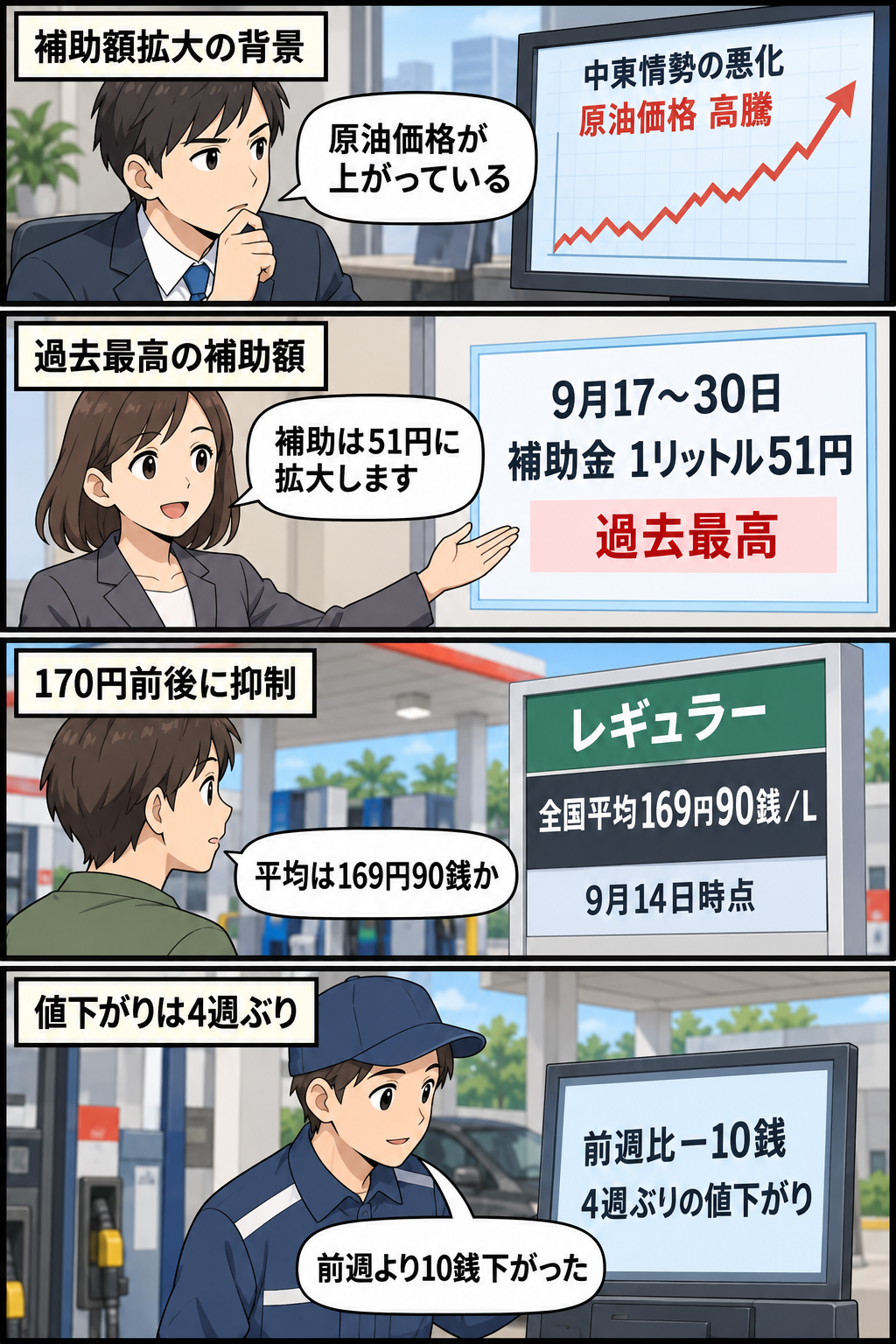 中東情勢に伴う原油高を背景に、ガソリン補助金が1リットル51円へ拡大され、全国平均価格が169円90銭となった流れを淡々と描く4コマ漫画。