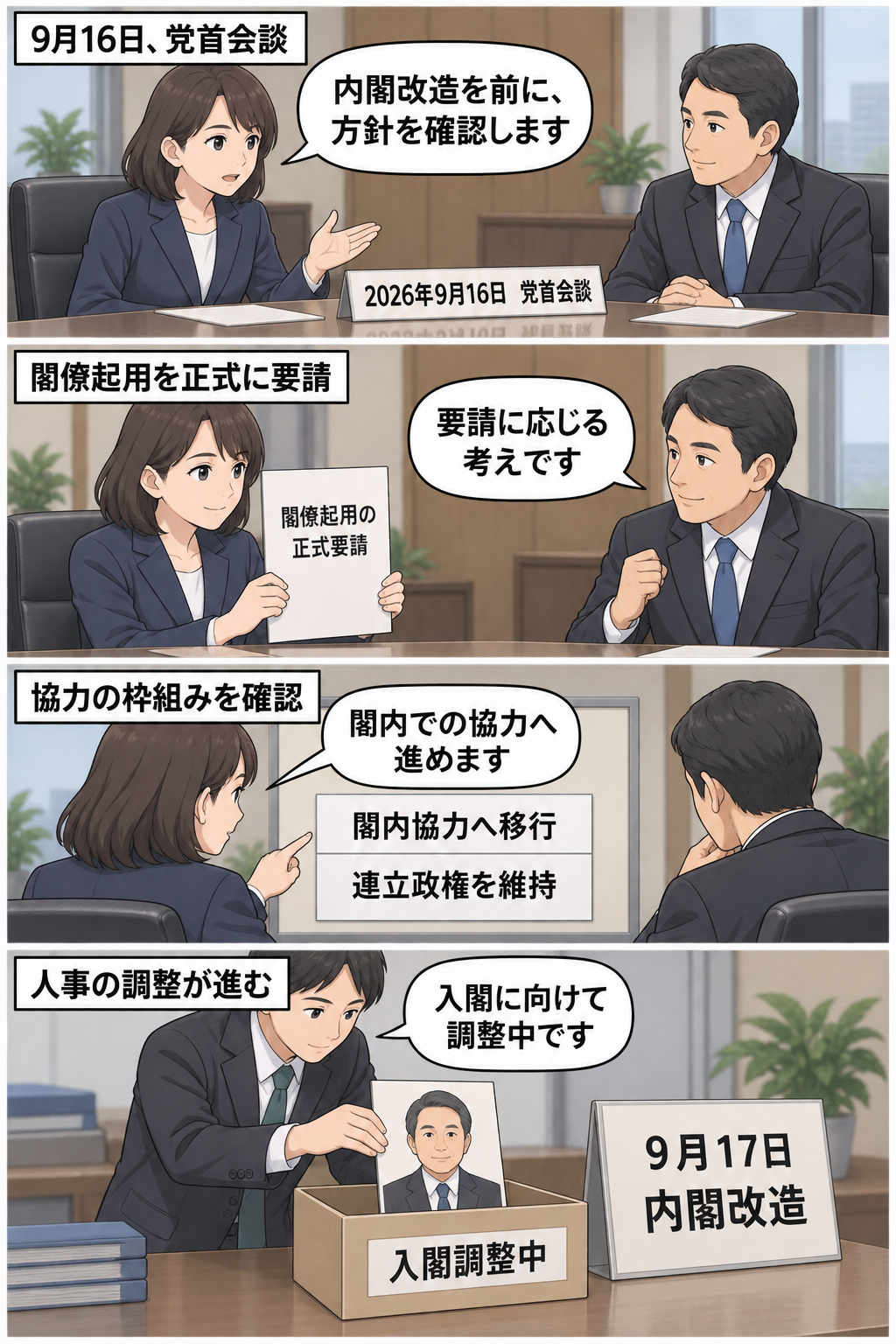 首相官邸での党首会談から、閣僚起用の合意、閣内協力への移行、男性の前幹事長風キャラの入閣調整までを中立的に描いた4コマ漫画。