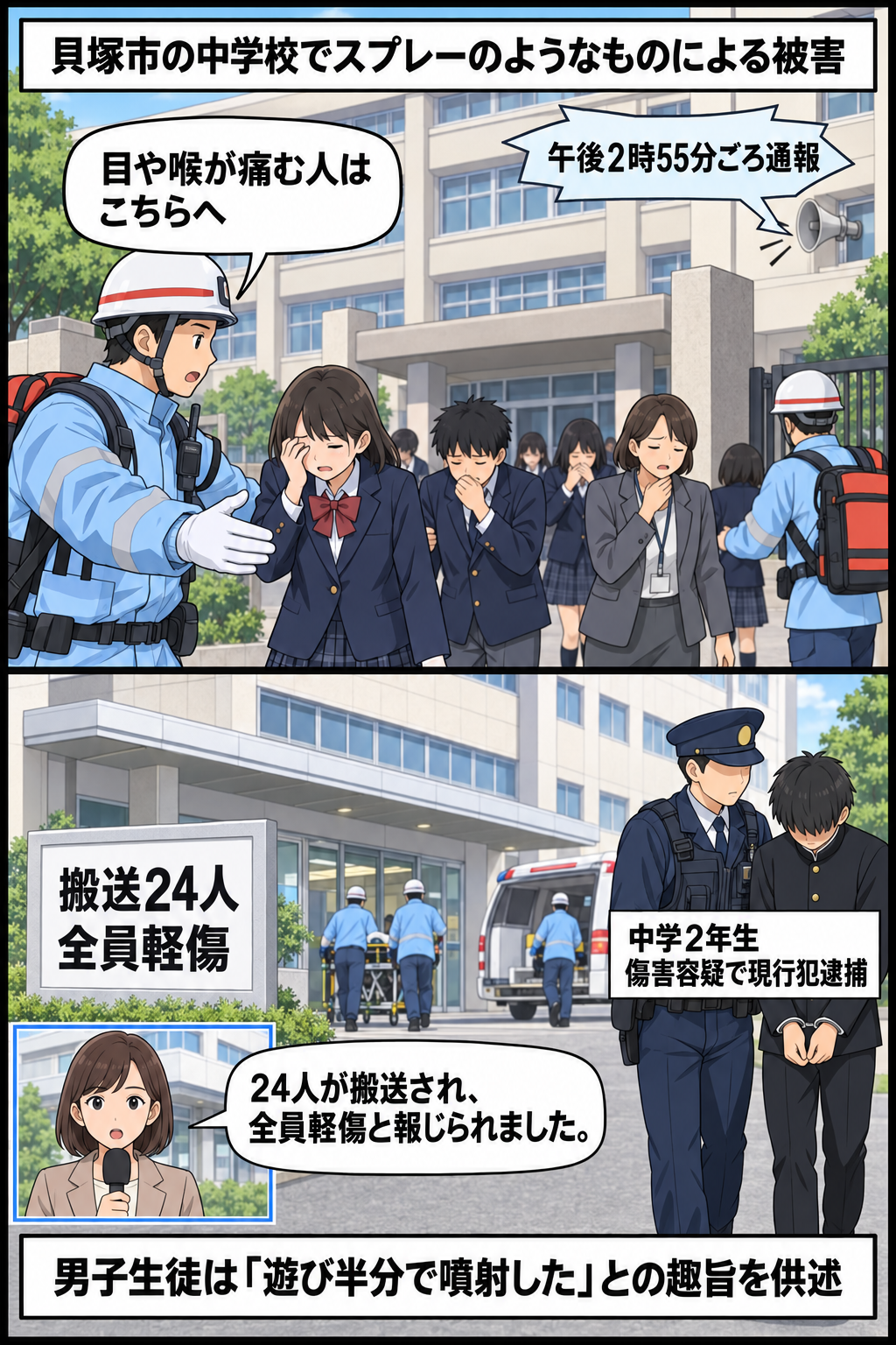 大阪府貝塚市の中学校でスプレーのようなものによる被害が発生し、救急隊が生徒らを搬送した後、24人が軽傷と報じられ、中学2年の男子生徒が傷害容疑で現行犯逮捕されたことを示す2コマ漫画。