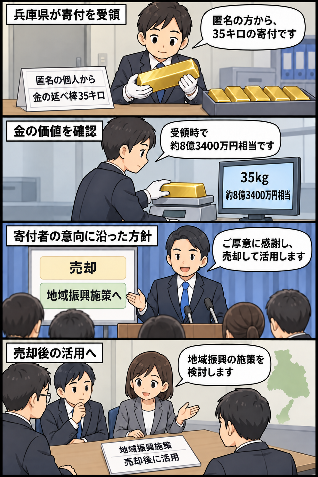 兵庫県が匿名の個人から金の延べ棒35キロを受け取り、約8億3400万円相当と確認したうえで、売却して地域振興に活用する方針を示すまでを描いた4コマ漫画。
