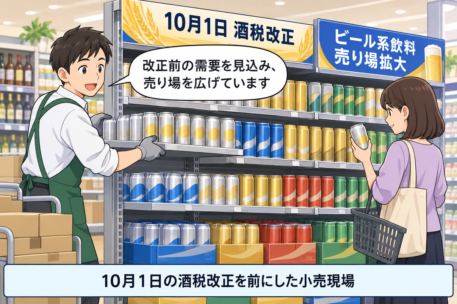 「10月1日 酒税改正」と掲示された店内で、ビール系飲料の売り場を広げる店員と商品を選ぶ買い物客。