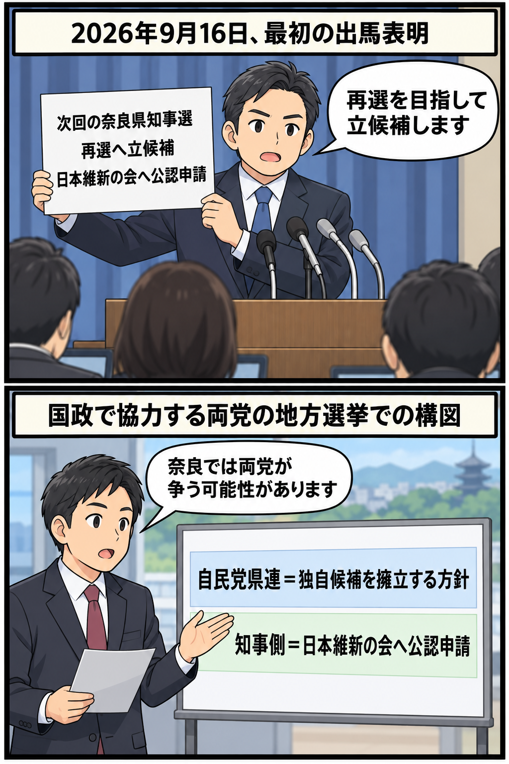 奈良県知事を表す一般化された男性キャラが再選出馬と日本維新の会への公認申請を表明し、続いて自民党県連側が独自候補擁立の方針を示すことで、県知事選で両党が争う可能性を中立的に描いた2コマ漫画。