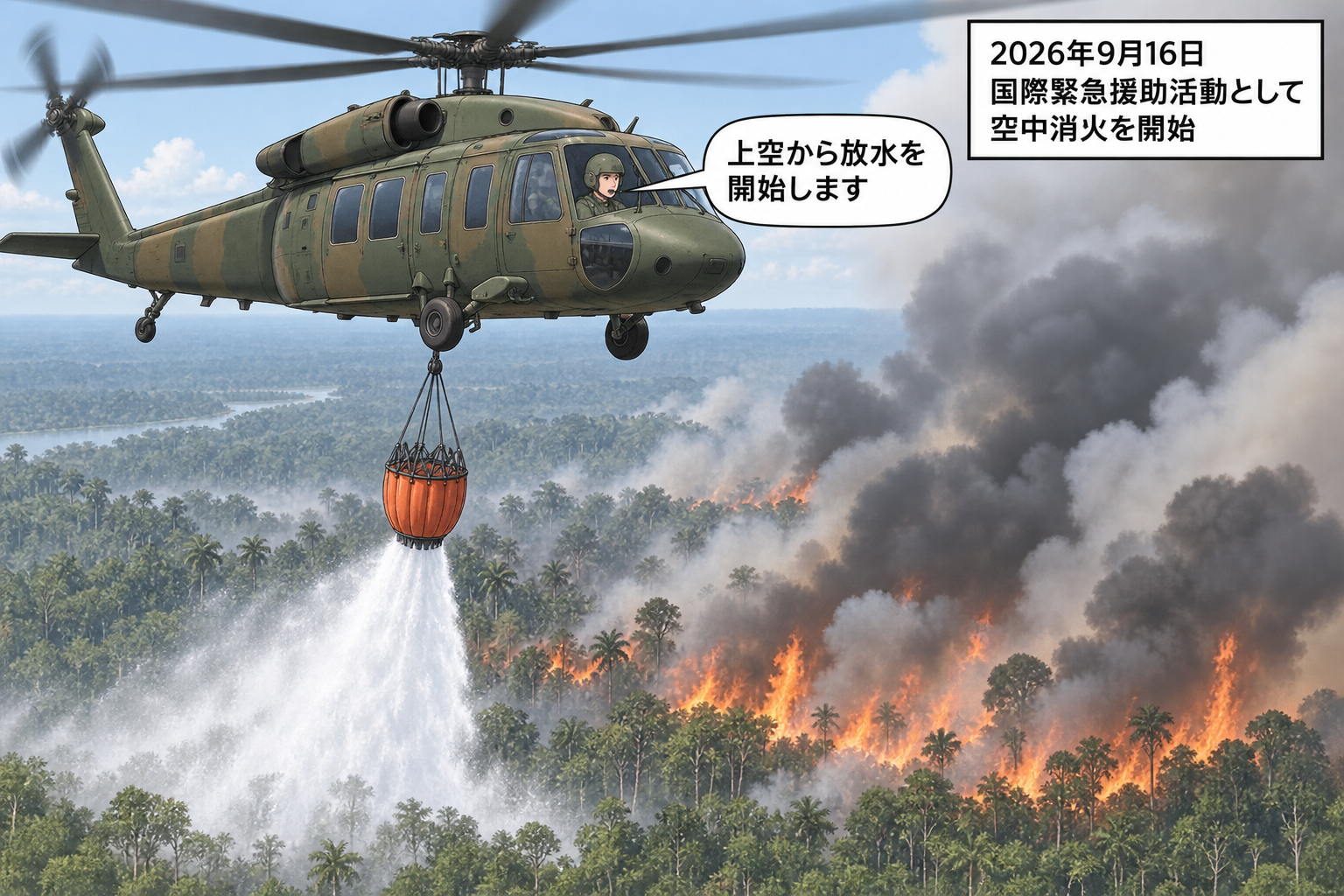 煙が立つ森林の上空で、国際緊急援助として派遣された自衛隊のヘリコプターが放水を始める様子を描いた中立的な一コマ漫画。