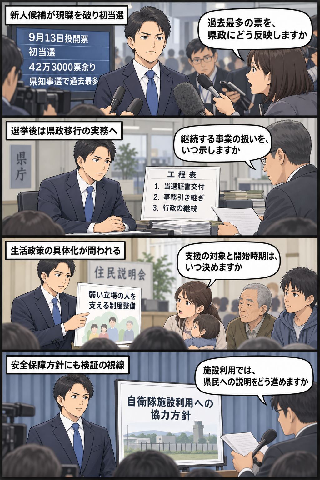 沖縄県知事選の結果から新県政への移行、生活支援制度と自衛隊施設利用を巡る具体的な問いまでを、中立的で批判的な報道トーンで描く4コマ漫画。