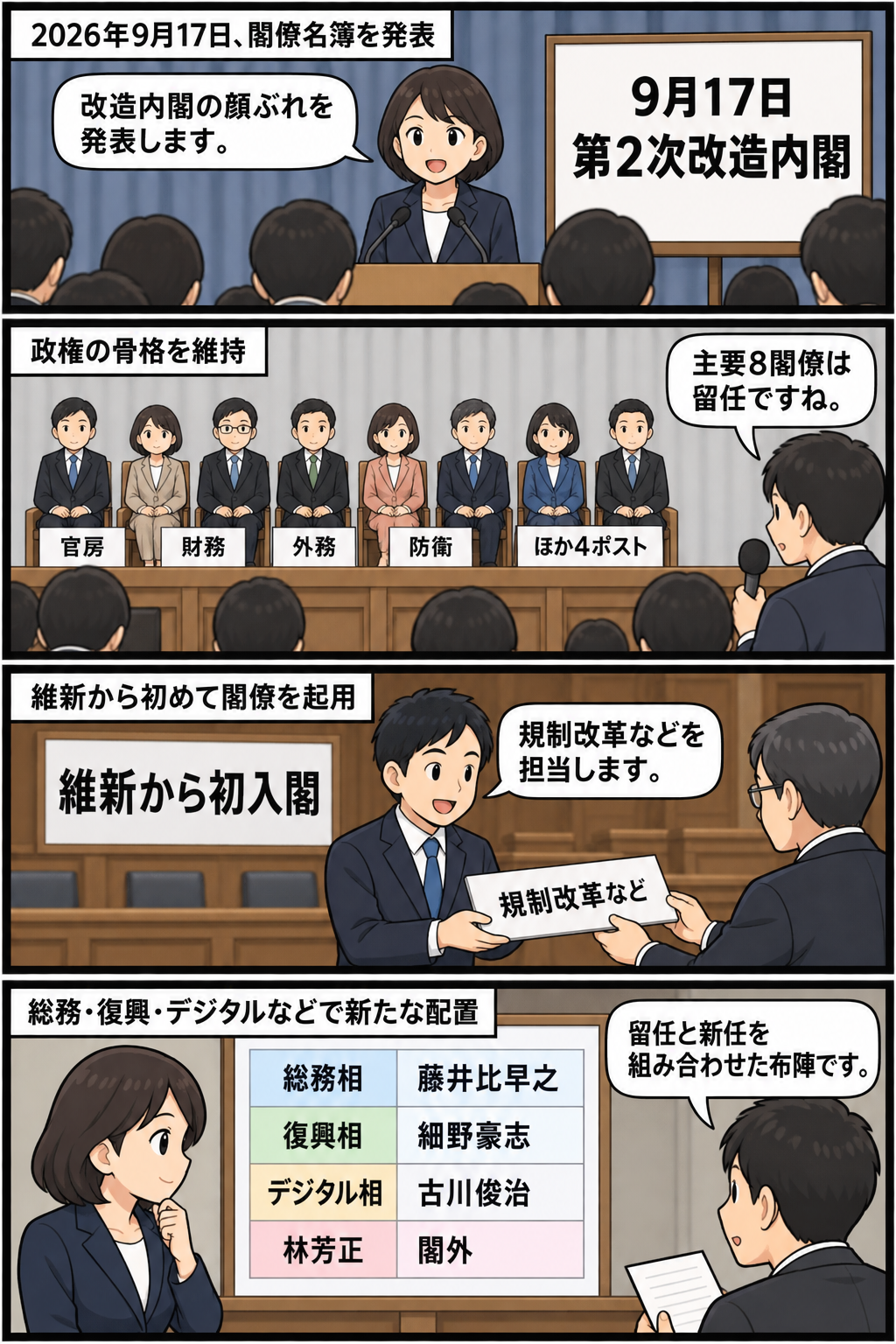 女性の首相風キャラが内閣改造を発表し、主要8閣僚の留任、維新からの初入閣、総務相・復興相・デジタル相の新たな配置を順に説明する中立的な4コマ漫画。