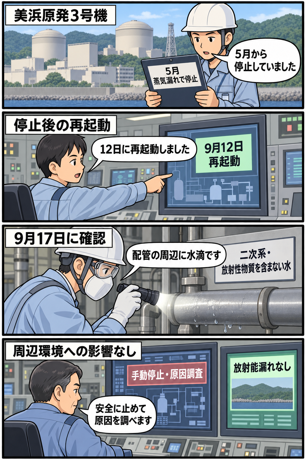 美浜原発3号機が5月の蒸気漏れによる停止から9月12日に再起動し、17日に二次系配管周辺の水滴が確認されたため、原因調査に向けて手動停止されるまでを描いた4コマ漫画。