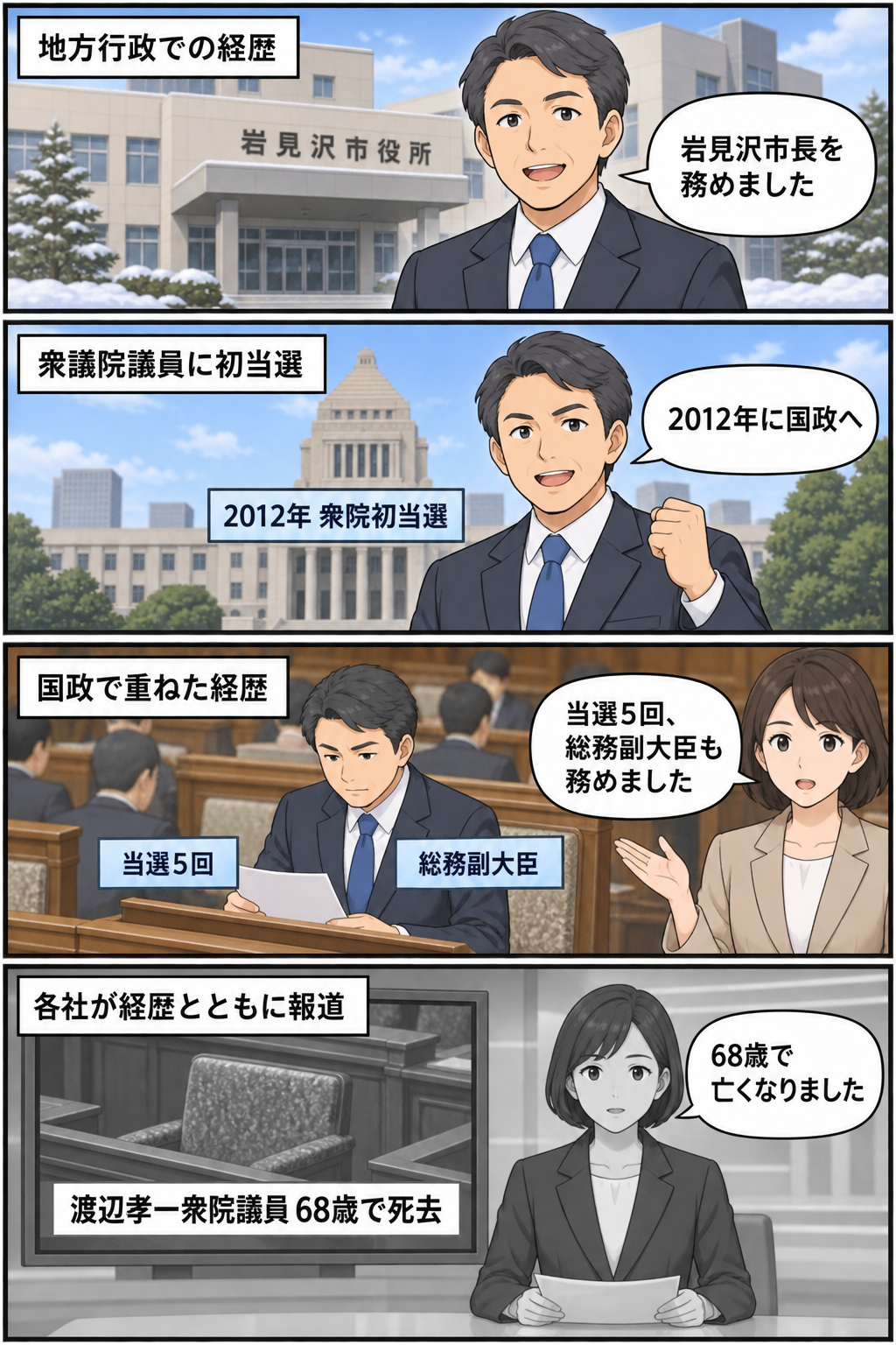 渡辺孝一氏の岩見沢市長時代から衆議院議員としての経歴、68歳での死去までを、似顔絵ではない一般化した男性政治家キャラクターで淡々と振り返る4コマ漫画。