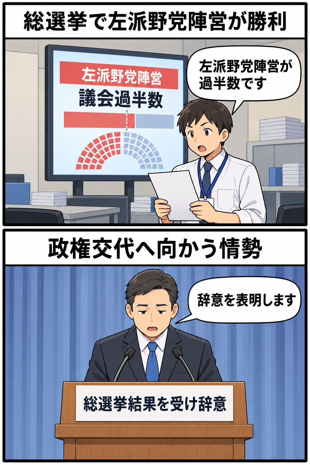 総選挙で左派野党陣営が議会の過半数を確保し、男性の首相風キャラが辞意を表明するまでを中立的に描いた2コマ漫画。