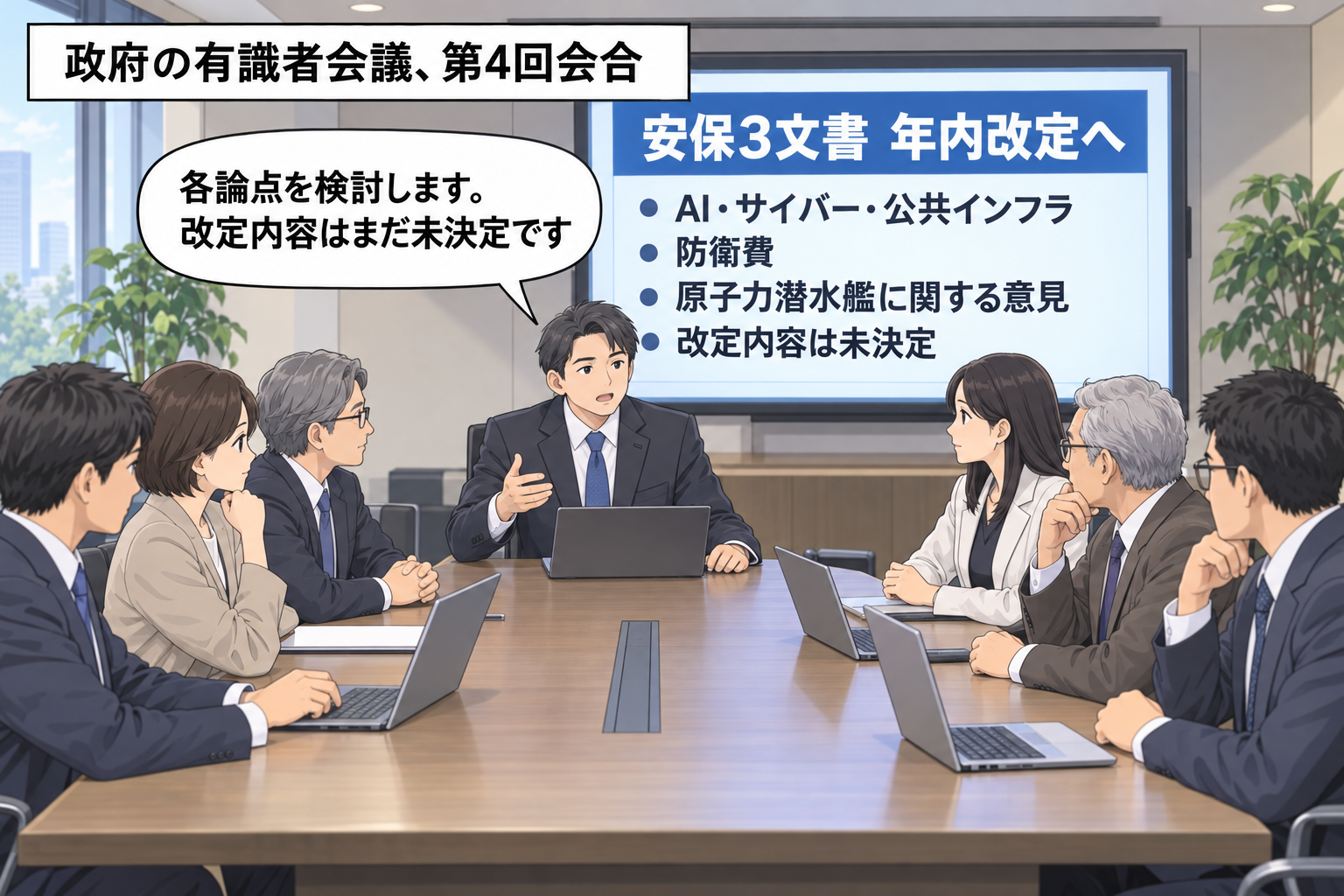 有識者会議の出席者が、安全保障関連3文書の年内改定に向け、AIやサイバー、公共インフラ、防衛費、原子力潜水艦をめぐる意見を中立的に検討している。
