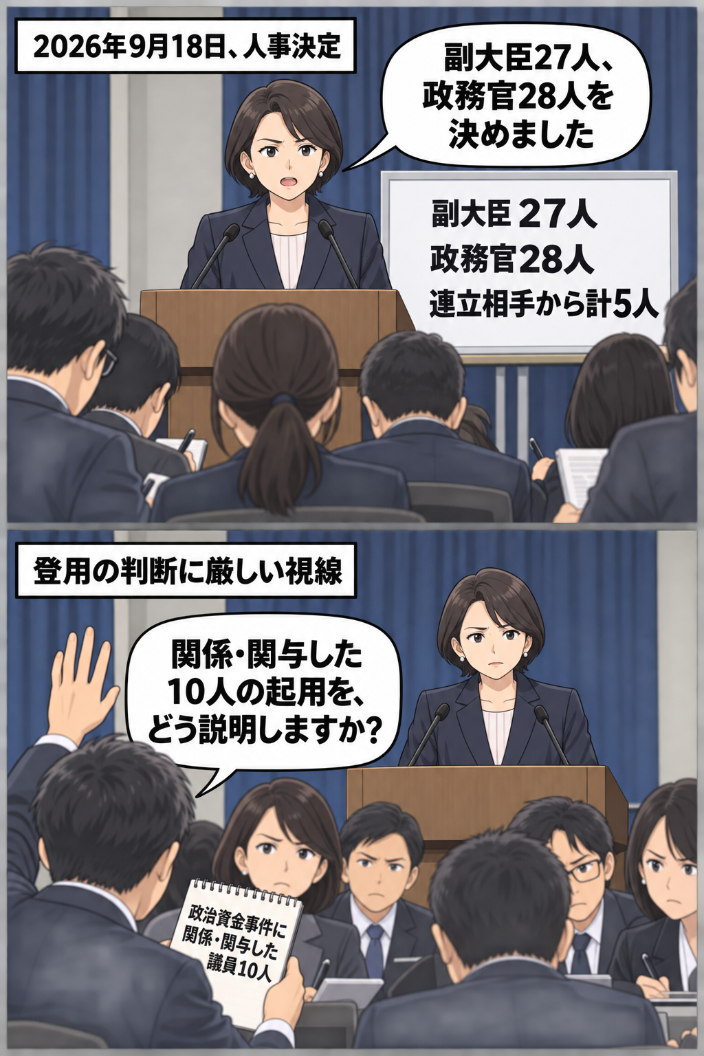 副大臣27人と政務官28人の人事を発表する女性の首相風キャラと、連立相手からの5人起用を確認する場面に続き、政治資金事件に関係・関与した議員10人の起用について記者が説明を求める2コマ漫画。