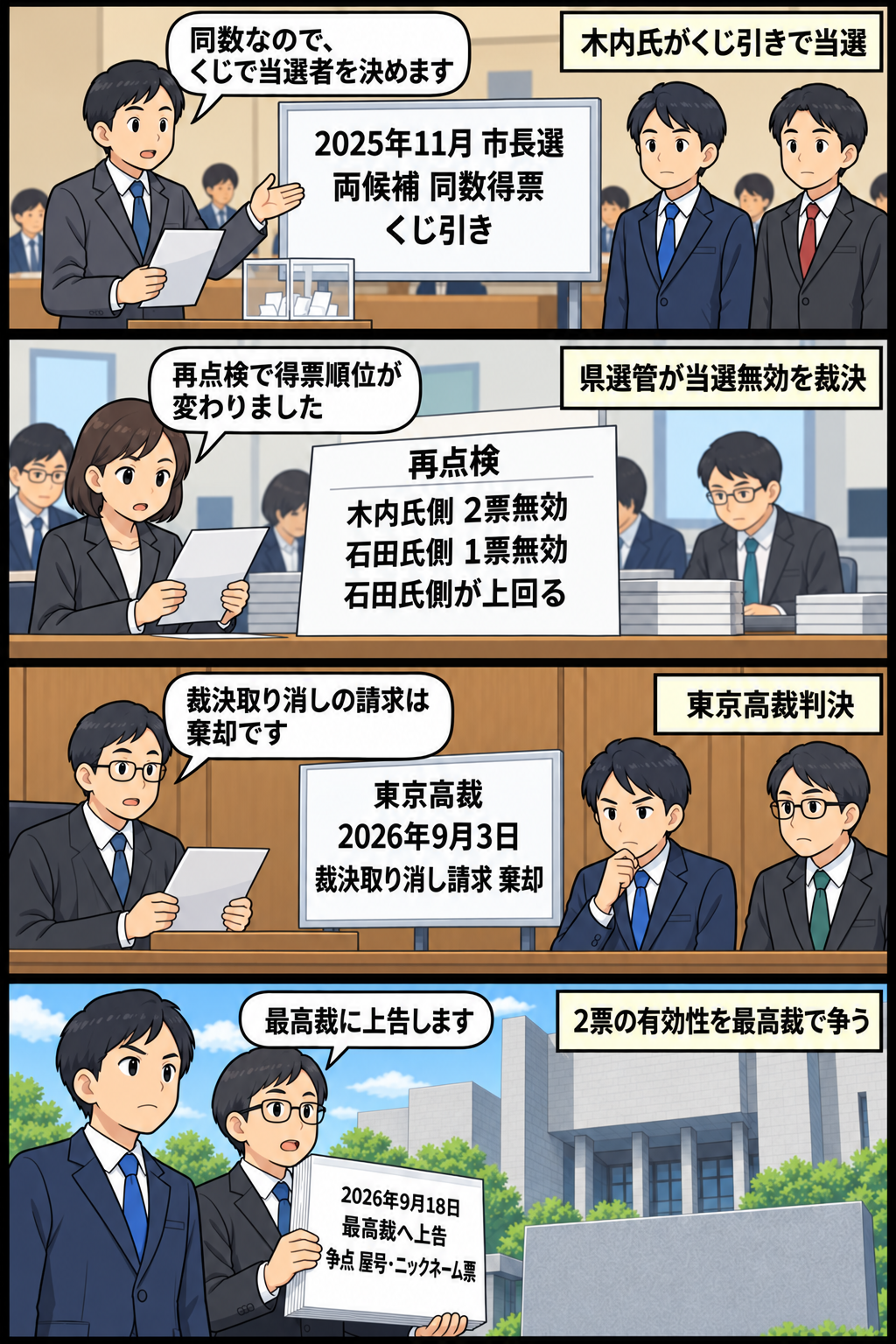 市長選の同数得票によるくじ引きから、票の再点検、高裁での請求棄却、最高裁への上告までを中立的に描いた4コマ漫画。