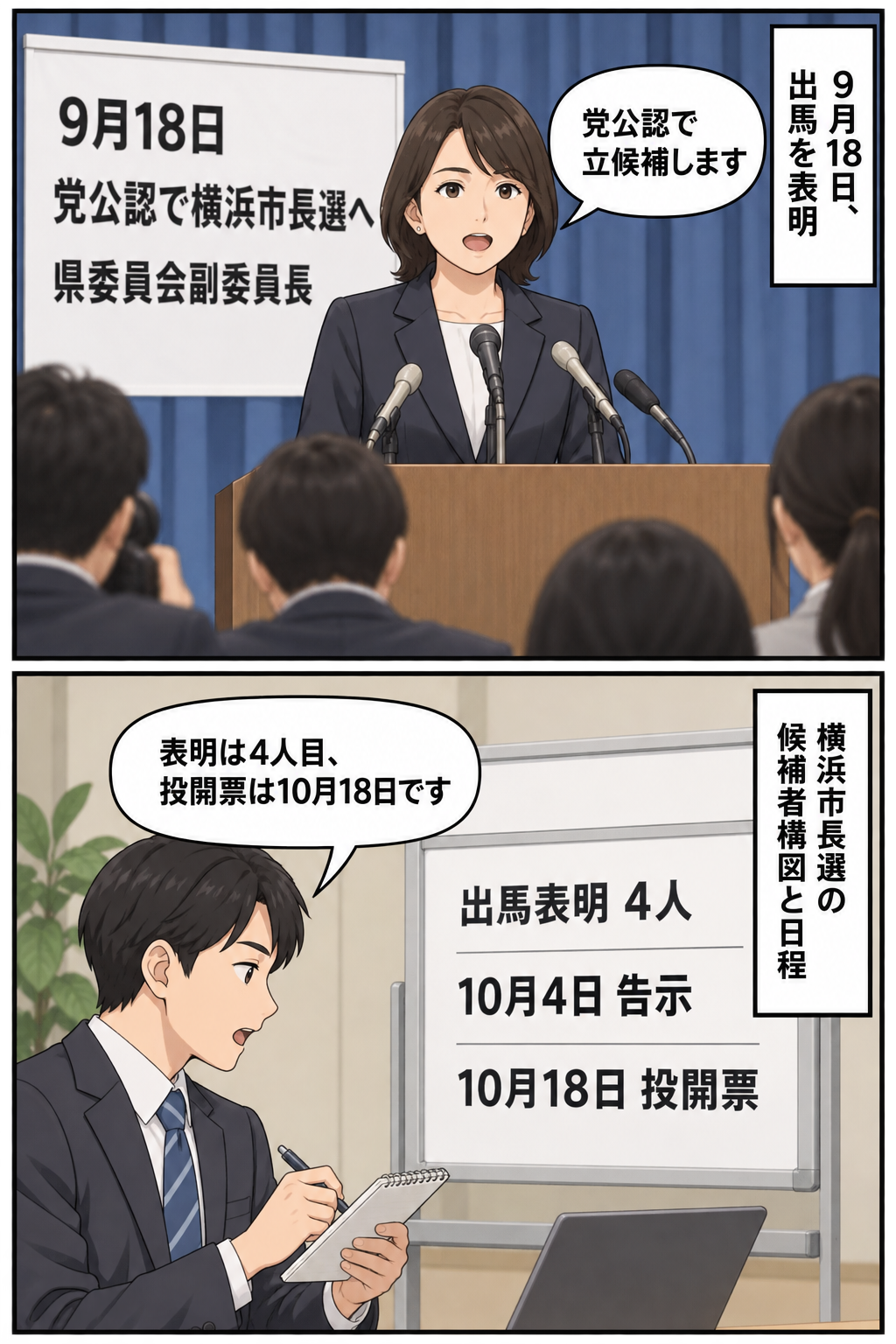 横浜市長選への公認での立候補表明と、4人目の出馬表明になったこと、告示・投開票の日程を中立的に示す2コマ漫画。