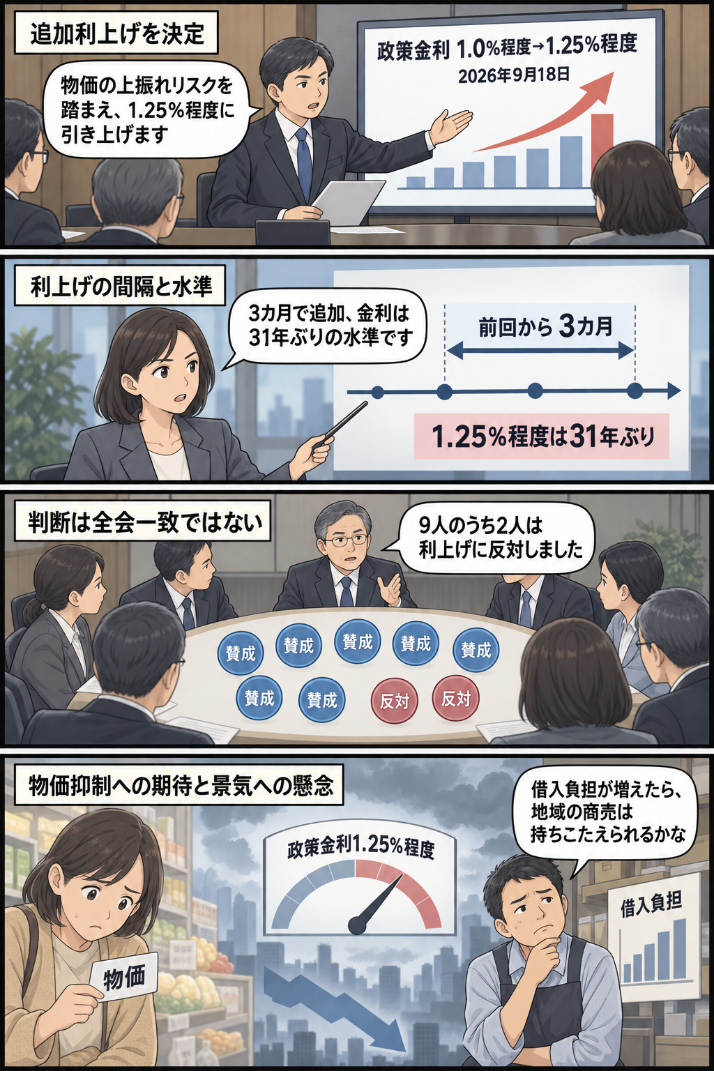 日銀の政策金利引き上げを起点に、31年ぶりの金利水準、会合での反対意見、物価抑制と景気・中小企業への影響を慎重に描いた4コマ漫画。