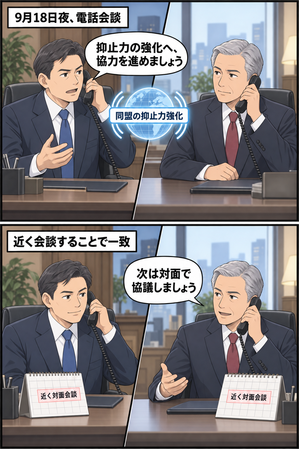 二国の男性国防担当閣僚を一般化したキャラクターが電話で抑止力強化への協力を確認し、続いて近く対面会談を行う予定を共有する中立的な2コマ漫画。