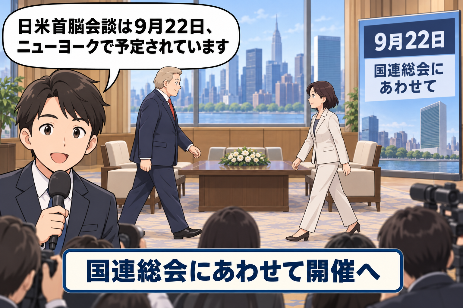 ニューヨークの会談会場で、スーツ姿の男性の大統領風キャラと女性の首相風キャラが会談席へ向かい、記者が9月22日の開催予定を伝える中立的な一コマ