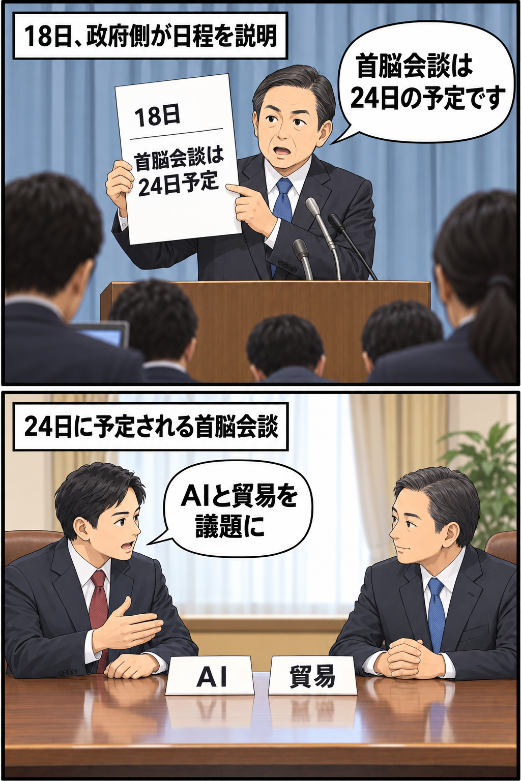 政府高官風キャラが18日に首脳会談の日程を説明し、24日の会談に向けて二人の男性首脳風キャラがAIと貿易の議題を確認する中立的な2コマ漫画。