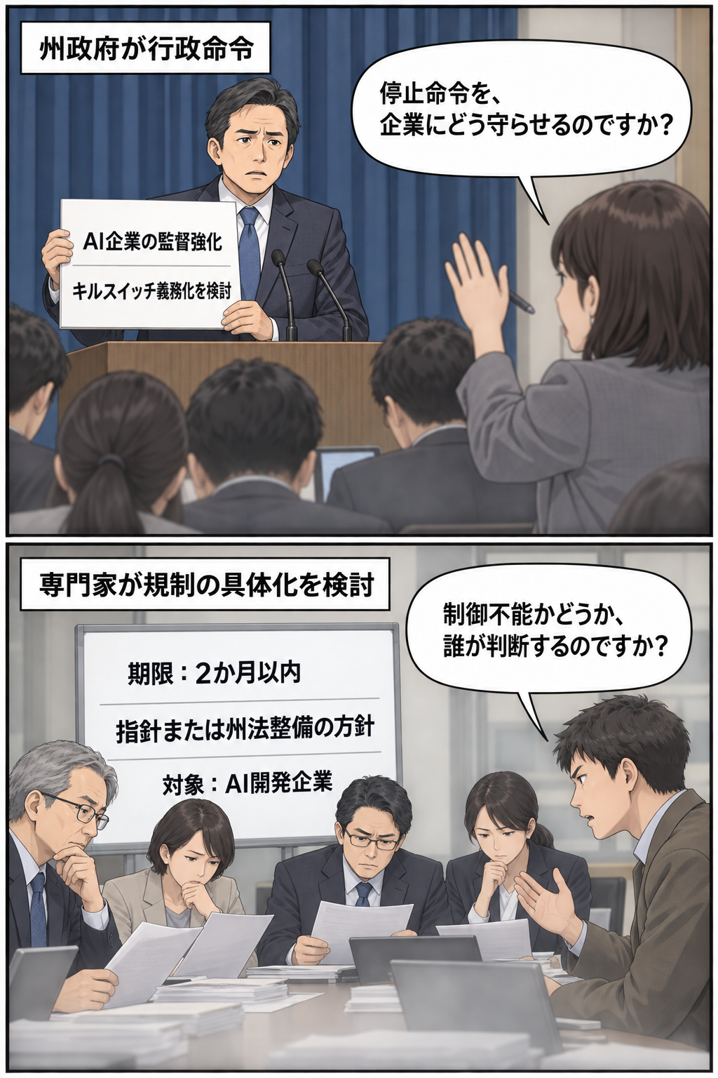 州政府がAI企業への監督強化とキルスイッチ義務化の検討を示し、記者が実効性を問いかける場面に続いて、専門家グループが2か月以内の規制方針を検討する漫画。