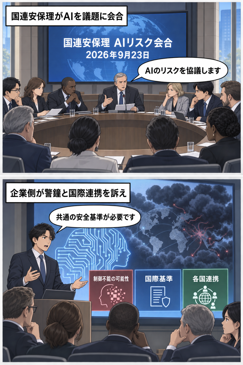 国連安全保障理事会のAI会合に企業トップらが参加し、制御不能などのリスクへの警戒と国際基準の必要性を訴える慎重な雰囲気の2コマ漫画。
