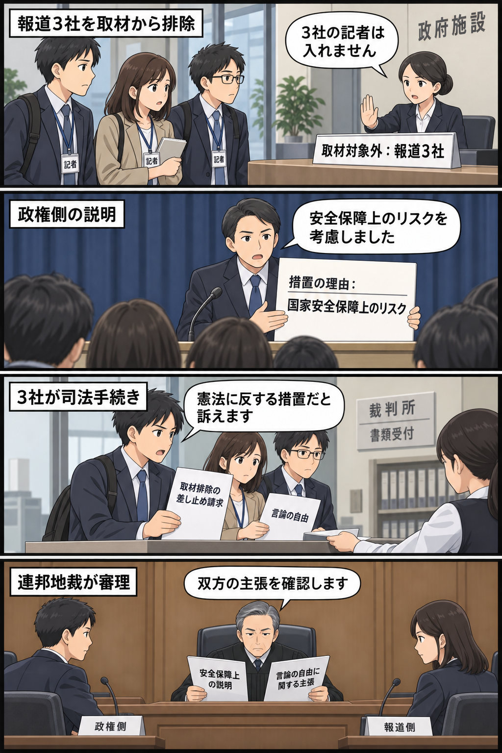 報道3社の記者が政府施設での取材対象から外され、政権側が安全保障上のリスクを説明した後、3社が憲法上の問題を訴え、連邦地裁が双方の主張を審理する流れを描いた4コマ漫画。